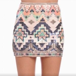 Express Boho Sequins Mini Skirt Embellished Tribal Geometric Party SZ S EUC